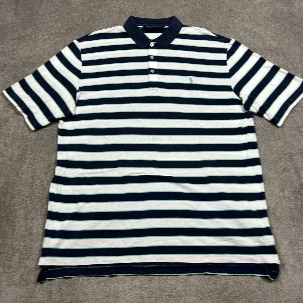 Ralph Lauren Polo Shirt Mens XL Blue White Striped Linen Blend Summer Casual